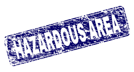 HAZARDOUS AREA stamp seal print with distress texture. Seal shape is a rounded rectangle with frame. Blue vector rubber print of HAZARDOUS AREA tag with scratched texture.のイラスト素材