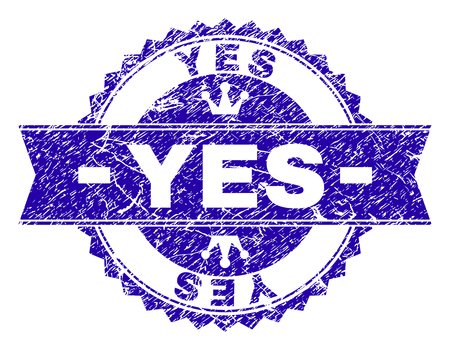 YES rosette seal watermark with distress texture. Designed with round rosette, ribbon and small crowns. Blue vector rubber watermark of YES label with retro texture.のイラスト素材