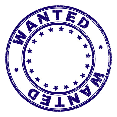WANTED stamp seal watermark with grunge texture. Designed with circles and stars. Blue vector rubber print of WANTED label with scratched texture.のイラスト素材