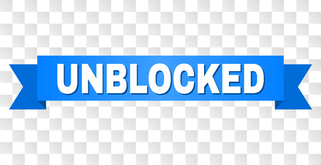 UNBLOCKED text on a ribbon. Designed with white caption and blue tape. Vector banner with UNBLOCKED tag on a transparent background.のイラスト素材