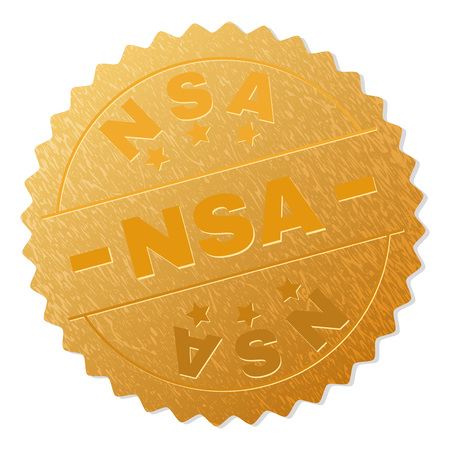 NSA gold stamp award. Vector golden award with NSA title. Text labels are placed between parallel lines and on circle. Golden surface has metallic structure.のイラスト素材