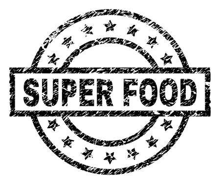 SUPER FOOD stamp seal watermark with distress style. Designed with rectangle, circles and stars. Black vector rubber print of SUPER FOOD label with unclean texture.のイラスト素材