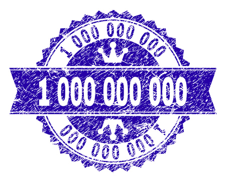 1000000000 rosette seal watermark with distress texture. Designed with round rosette, ribbon and small crowns. Blue vector rubber watermark of 1000000000 caption with dust texture.のイラスト素材
