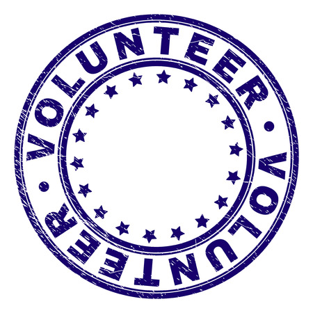 VOLUNTEER stamp seal watermark with grunge texture. Designed with round shapes and stars. Blue vector rubber print of VOLUNTEER label with retro texture.のイラスト素材