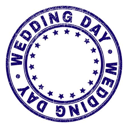 WEDDING DAY stamp seal imprint with grunge texture. Designed with circles and stars. Blue vector rubber print of WEDDING DAY label with dust texture.のイラスト素材