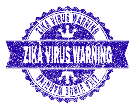 ZIKA VIRUS WARNING rosette stamp seal overlay with grunge style. Designed with round rosette, ribbon and small crowns. Blue vector rubber watermark of ZIKA VIRUS WARNING caption with grunge style.のイラスト素材