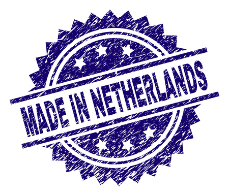 MADE IN NETHERLANDS stamp seal watermark with distress style. Blue vector rubber print of MADE IN NETHERLANDS text with dirty texture.のイラスト素材