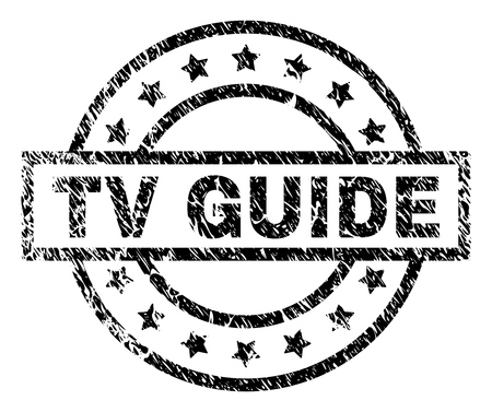 TV GUIDE stamp seal watermark with distress style. Designed with rectangle, circles and stars. Black vector rubber print of TV GUIDE text with retro texture.のイラスト素材