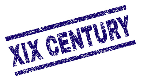 XIX CENTURY seal print with scratced style. Blue vector rubber print of XIX CENTURY label with scratched texture. Text title is placed between parallel lines.のイラスト素材