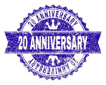 20 ANNIVERSARY rosette stamp seal watermark with distress style. Designed with round rosette, ribbon and small crowns. Blue vector rubber watermark of 20 ANNIVERSARY text with dirty style.のイラスト素材