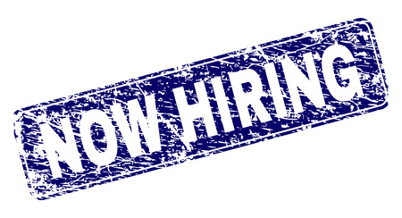 NOW HIRING stamp seal print with distress style. Seal shape is a rounded rectangle with frame. Blue vector rubber print of NOW HIRING caption with unclean style.のイラスト素材