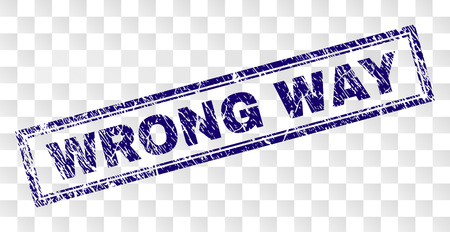 WRONG WAY stamp seal print with rubber print style and double framed rectangle shape. Stamp is placed on a transparent background. Blue vector rubber print of WRONG WAY label with dust texture.のイラスト素材