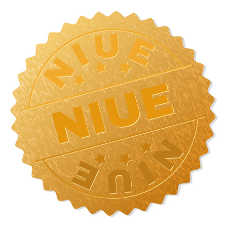 NIUE gold stamp award. Vector gold award with NIUE caption. Text labels are placed between parallel lines and on circle. Golden skin has metallic texture.のイラスト素材