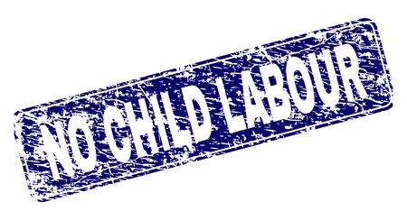 NO CHILD LABOUR stamp seal print with grunge texture. Seal shape is a rounded rectangle with frame. Blue vector rubber print of NO CHILD LABOUR title with grunge style.のイラスト素材