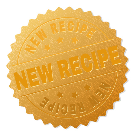 NEW RECIPE gold stamp seal. Vector golden medal with NEW RECIPE title. Text labels are placed between parallel lines and on circle. Golden area has metallic texture.のイラスト素材