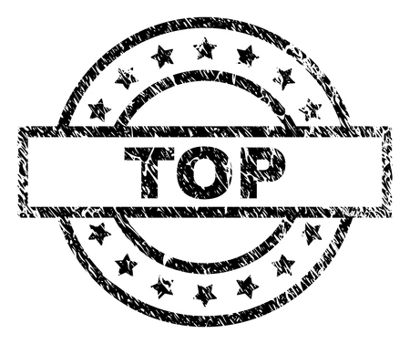 TOP stamp seal watermark with distress style. Designed with rectangle, circles and stars. Black vector rubber print of TOP label with retro texture.のイラスト素材