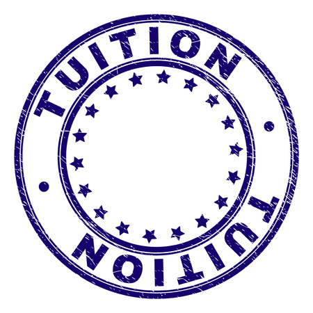 TUITION stamp seal watermark with grunge texture. Designed with circles and stars. Blue vector rubber print of TUITION caption with dirty texture.のイラスト素材