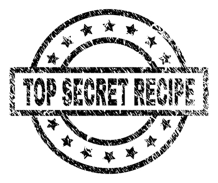 TOP SECRET RECIPE stamp seal watermark with distress style. Designed with rectangle, circles and stars. Black vector rubber print of TOP SECRET RECIPE label with retro texture.のイラスト素材