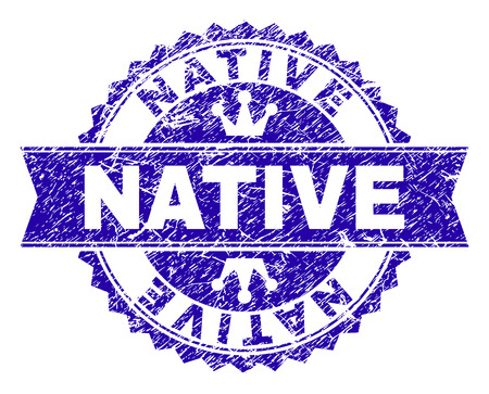 NATIVE rosette stamp imprint with grunge style. Designed with round rosette, ribbon and small crowns. Blue vector rubber print of NATIVE text with scratched style.のイラスト素材