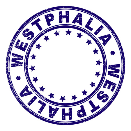 WESTPHALIA stamp seal imprint with distress texture. Designed with round shapes and stars. Blue vector rubber print of WESTPHALIA title with grunge texture.のイラスト素材