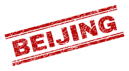 BEIJING seal print with grunge style. Red vector rubber print of BEIJING text with grunge texture. Text tag is placed between double parallel lines.のイラスト素材