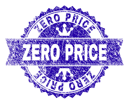 ZERO PRICE rosette stamp overlay with grunge style. Designed with round rosette, ribbon and small crowns. Blue vector rubber watermark of ZERO PRICE tag with retro style.のイラスト素材