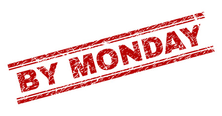 BY MONDAY seal print with corroded texture. Red vector rubber print of BY MONDAY text with dirty texture. Text tag is placed between double parallel lines.のイラスト素材