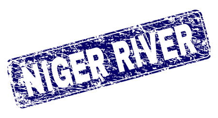 NIGER RIVER stamp seal print with distress texture. Seal shape is a rounded rectangle with frame. Blue vector rubber print of NIGER RIVER title with corroded texture.のイラスト素材