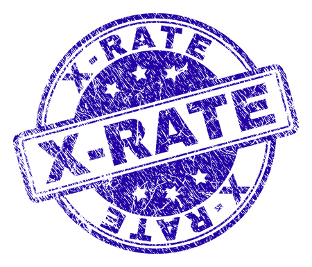 X-RATE stamp seal watermark with grunge texture. Designed with rounded rectangles and circles. Blue vector rubber print of X-RATE caption with unclean texture.のイラスト素材