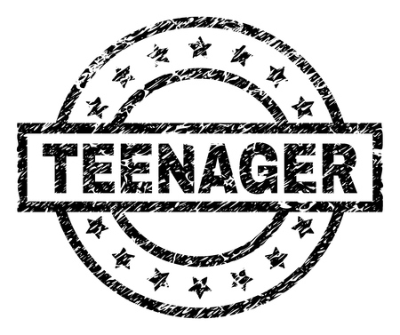 TEENAGER stamp seal watermark with distress style. Designed with rectangle, circles and stars. Black vector rubber print of TEENAGER label with corroded texture.のイラスト素材
