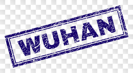 WUHAN stamp seal imprint with rubber print style and double framed rectangle shape. Stamp is placed on a transparent background. Blue vector rubber print of WUHAN tag with unclean texture.のイラスト素材