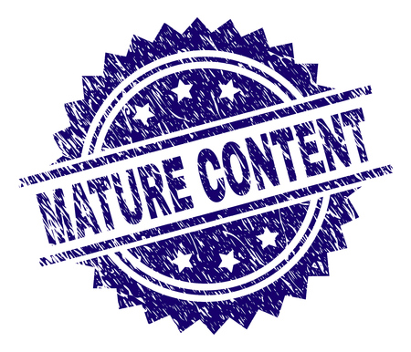 MATURE CONTENT stamp seal watermark with distress style. Blue vector rubber print of MATURE CONTENT label with corroded texture.のイラスト素材
