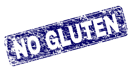 NO GLUTEN stamp seal print with grunge texture. Seal shape is a rounded rectangle with frame. Blue vector rubber print of NO GLUTEN label with dirty texture.のイラスト素材