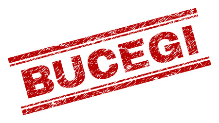 BUCEGI seal imprint with corroded texture. Red vector rubber print of BUCEGI text with corroded texture. Text tag is placed between double parallel lines.のイラスト素材