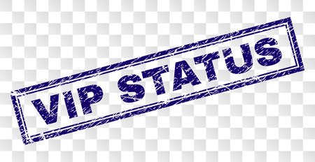 VIP STATUS stamp seal print with rubber print style and double framed rectangle shape. Stamp is placed on a transparent background. Blue vector rubber print of VIP STATUS tag with unclean texture.のイラスト素材