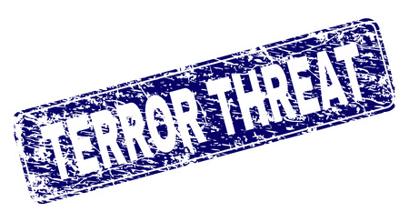 TERROR THREAT stamp seal print with distress texture. Seal shape is a rounded rectangle with frame. Blue vector rubber print of TERROR THREAT label with dirty texture.のイラスト素材