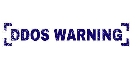 DDOS WARNING text seal print with distress texture. Text caption is placed between corners. Blue vector rubber print of DDOS WARNING with retro texture.のイラスト素材
