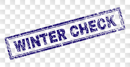 WINTER CHECK stamp seal print with rubber print style and double framed rectangle shape. Stamp is placed on a transparent background. Blue vector rubber print of WINTER CHECK title with retro texture.のイラスト素材