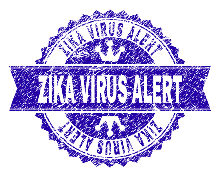 ZIKA VIRUS ALERT rosette stamp seal watermark with grunge texture. Designed with round rosette, ribbon and small crowns. Blue vector rubber watermark of ZIKA VIRUS ALERT title with dirty texture.のイラスト素材