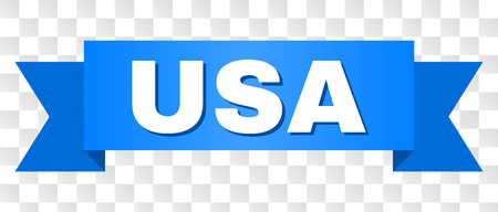 USA text on a ribbon. Designed with white title and blue stripe. Vector banner with USA tag on a transparent background.のイラスト素材