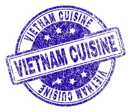 VIETNAM CUISINE stamp seal imprint with distress texture. Designed with rounded rectangles and circles. Blue vector rubber print of VIETNAM CUISINE text with scratched texture.のイラスト素材