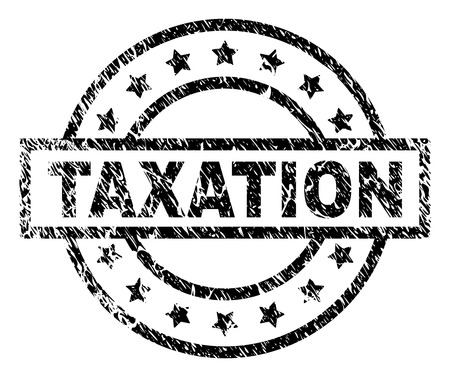 TAXATION stamp seal watermark with distress style. Designed with rectangle, circles and stars. Black vector rubber print of TAXATION label with unclean texture.のイラスト素材