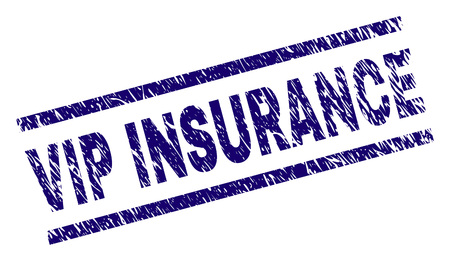VIP INSURANCE seal print with scratced style. Blue vector rubber print of VIP INSURANCE text with retro texture. Text label is placed between parallel lines.のイラスト素材