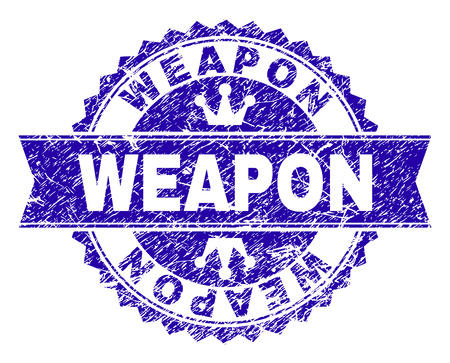 WEAPON rosette stamp seal watermark with distress texture. Designed with round rosette, ribbon and small crowns. Blue vector rubber watermark of WEAPON tag with unclean texture.のイラスト素材