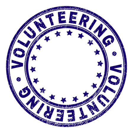 VOLUNTEERING stamp seal watermark with distress texture. Designed with circles and stars. Blue vector rubber print of VOLUNTEERING title with scratched texture.のイラスト素材