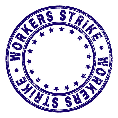 WORKERS STRIKE stamp seal imprint with distress texture. Designed with circles and stars. Blue vector rubber print of WORKERS STRIKE title with scratched texture.のイラスト素材