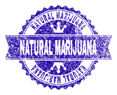 NATURAL MARIJUANA rosette stamp seal imprint with grunge texture. Designed with round rosette, ribbon and small crowns. Blue vector rubber print of NATURAL MARIJUANA title with grunge texture.のイラスト素材
