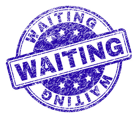WAITING stamp seal watermark with distress texture. Designed with rounded rectangles and circles. Blue vector rubber print of WAITING label with corroded texture.のイラスト素材
