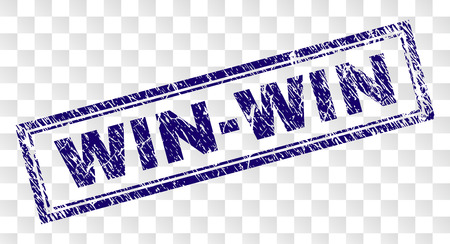 WIN-WIN stamp seal watermark with rubber print style and double framed rectangle shape. Stamp is placed on a transparent background. Blue vector rubber print of WIN-WIN text with dirty texture.のイラスト素材