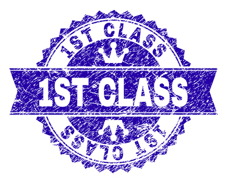 1ST CLASS rosette stamp seal watermark with distress style. Designed with round rosette, ribbon and small crowns. Blue vector rubber watermark of 1ST CLASS tag with retro texture.のイラスト素材